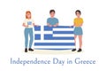 Smiling children holding a large flag of Greece, postcard for Greek independence day celebration, abstract background